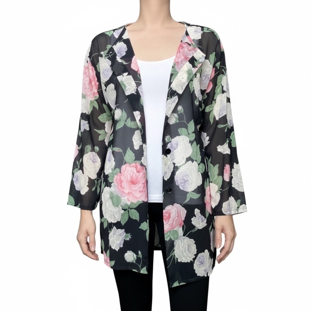 True Vintage Sheer Black Floral Button Down Blouse Size M/L
